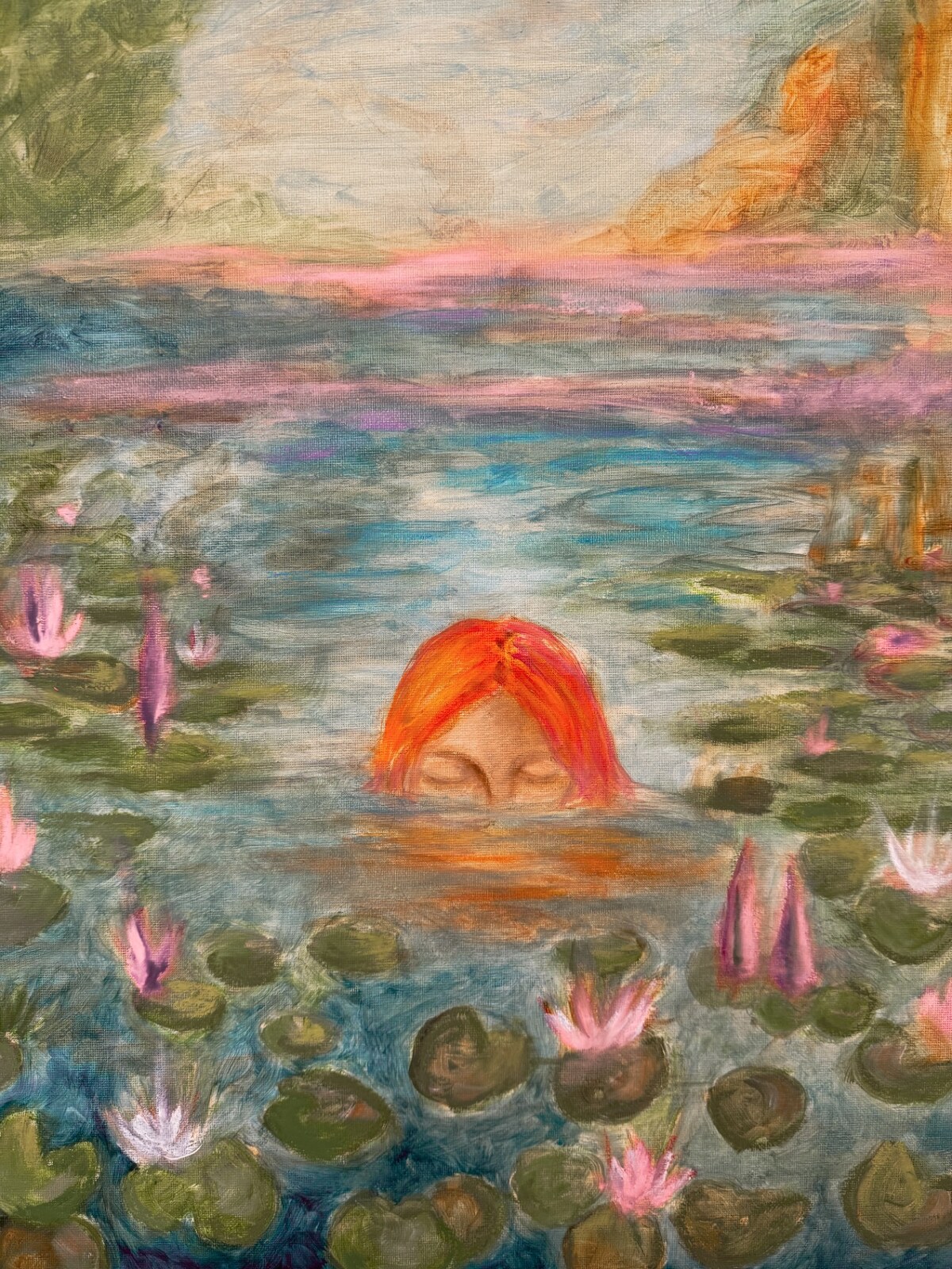 Painting of a figure with bright orange-red hair submerged in water up to their closed eyes, surrounded by green lily pads and pink and white water lilies