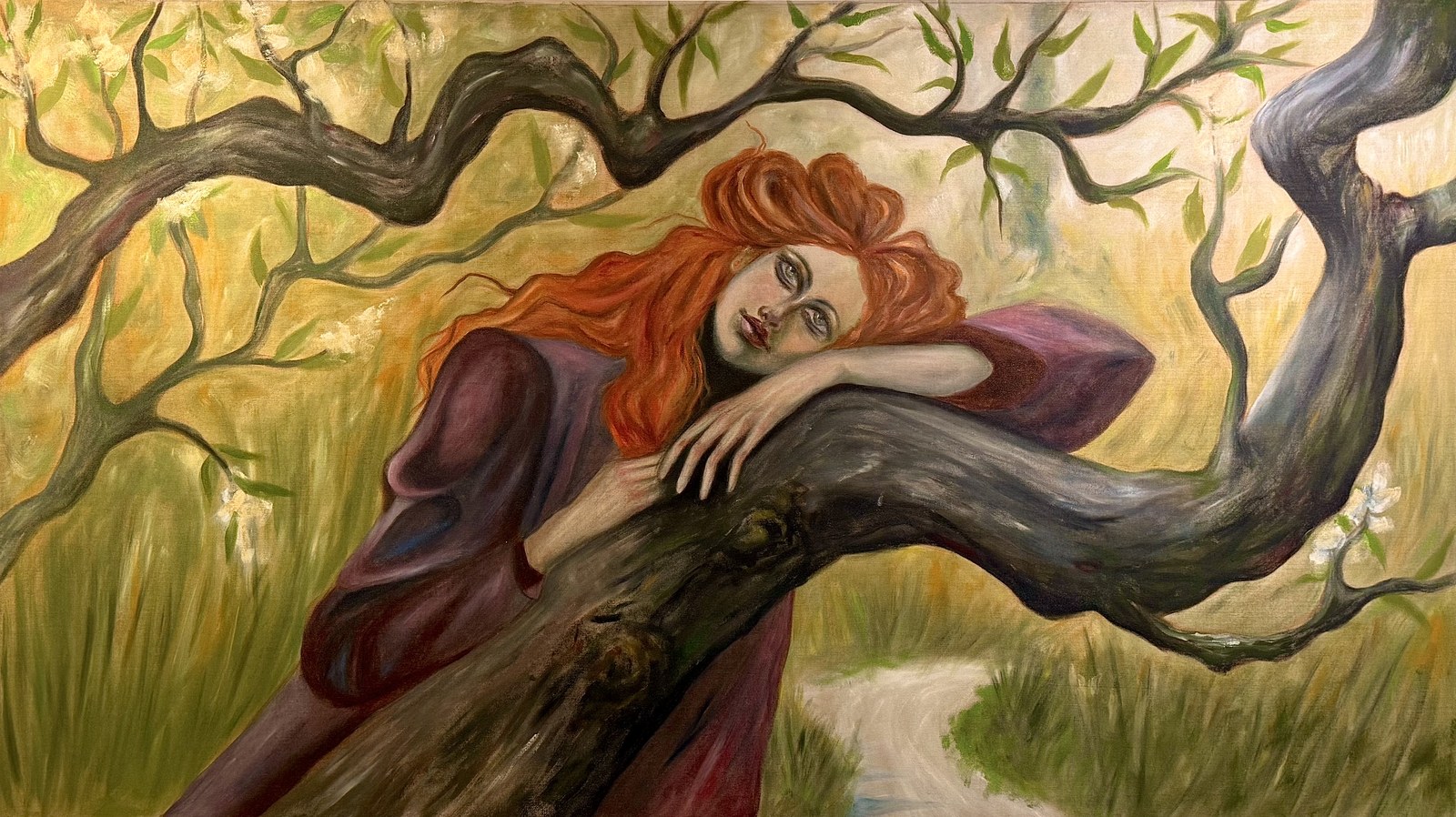 Painting of a woman with long red hair resting her head and arms on a tree branch in a forest setting