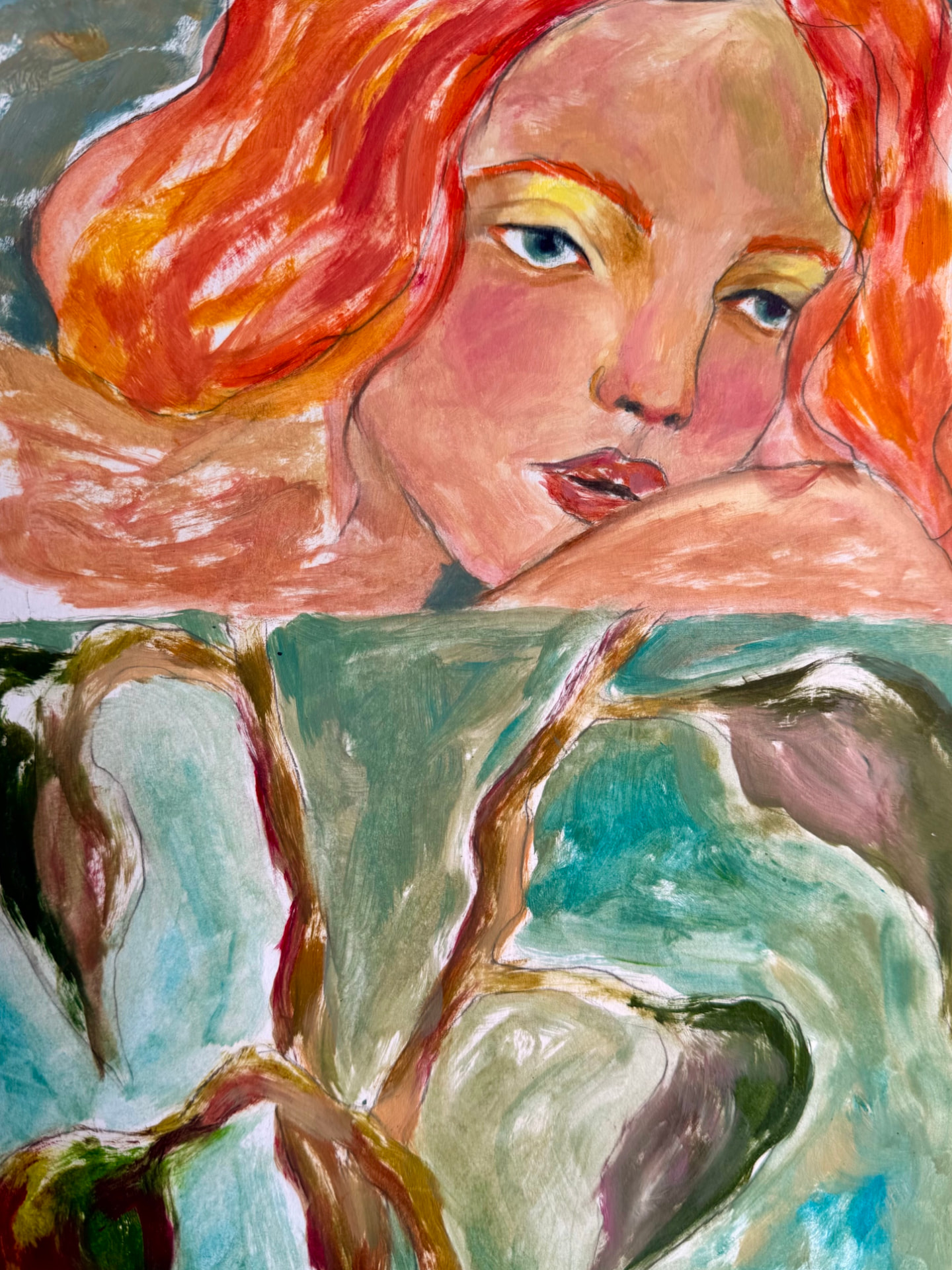 Painting of a red-haired woman resting her head on her arm, her relaxed face resting above a green patterned surface